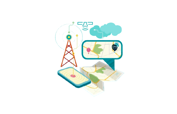 Ilustração de rastreamento veicular via GPS, torre de sinal e mapa